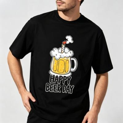 Male Cotton Short Sleeve Tee Happy Beer Day Cartoon Beer Glass Print Loose Crew Neck Funny Beer Enthusiast Street Casual Tops