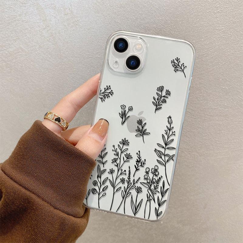 Simple lines flower apple 15promax mobile phone case new iphone14 premium 13 transparent all-inclusive soft case