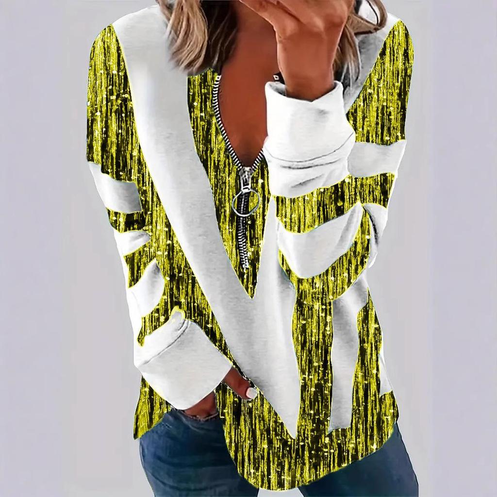 2025 Women's Plus Size 3D Stripe Polo Collar Half-Zip Top - Casual & Comfortable Fashion