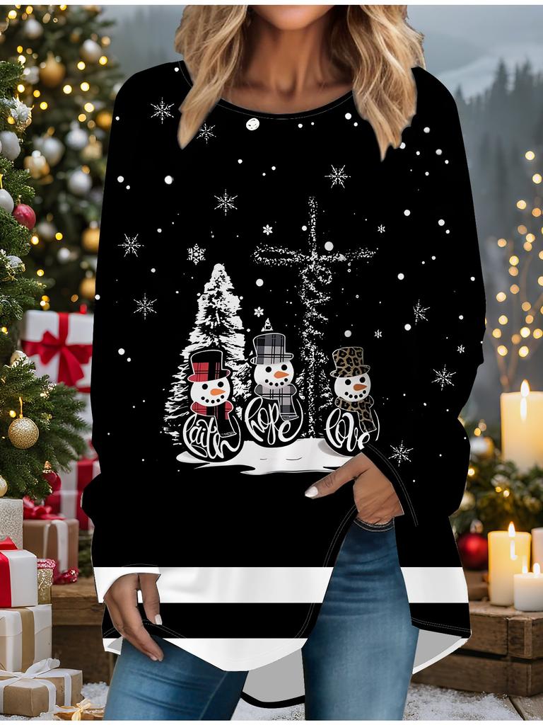 Übergröße Damen Frühling Weihnachten Schneemann Gedruckt Bequem Langarm Rundhals T-Shirt Lässig Weit Mittelang Tops