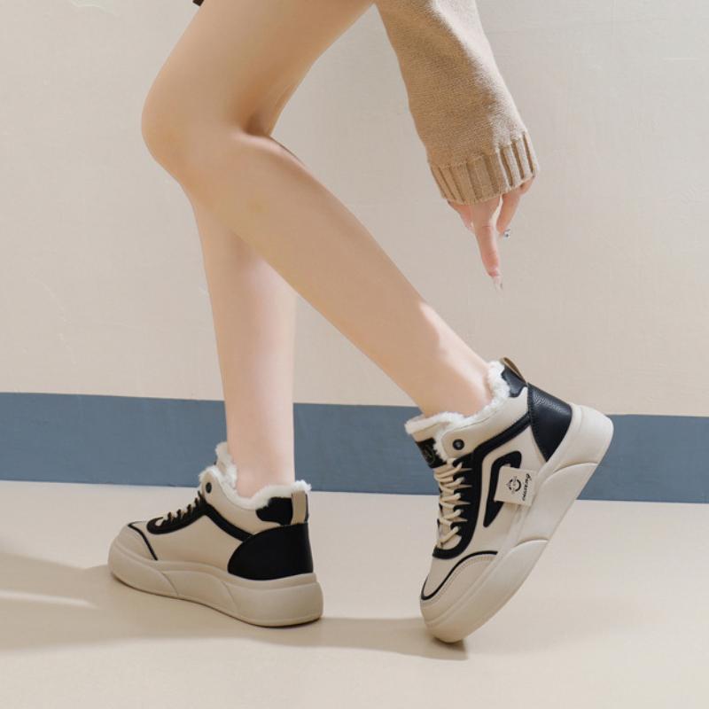 Dicksöhlige Damen Baumwollschuhe 2024 Winter Neu Höhe Erhöhend Board Freizeit Baumwollschuhe Einfarbig Täglich Vulkanisierte Schuhe