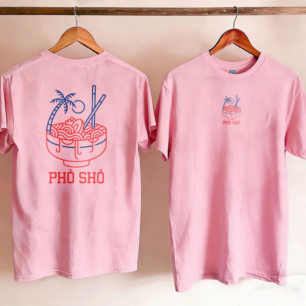 Unisex Women Cotton Crew Neck T Shirt Pho Sho Front Back Double Side Print Palm Tree Vietnamese Noodle Bowl Graphic Casual Foodie