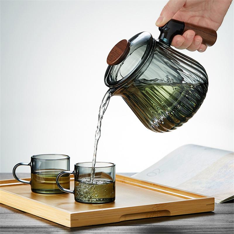 750ml Teekanne aus hitzebeständigem Glas mit Holzgriff und Streifenmuster, mit Siebfilter, zum Aufbrühen von Puer-Blüten-Tee, Kung Fu Teegeschirr