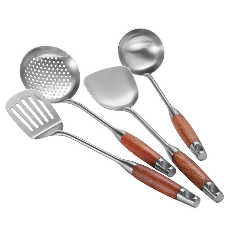 304 Stainless Steel & Wooden Handle Cookware Set: Spatula, Soup Ladle, Wok Spatula, Slotted Spoon, Iron Spatula for Stir-Fry & Frying Pan