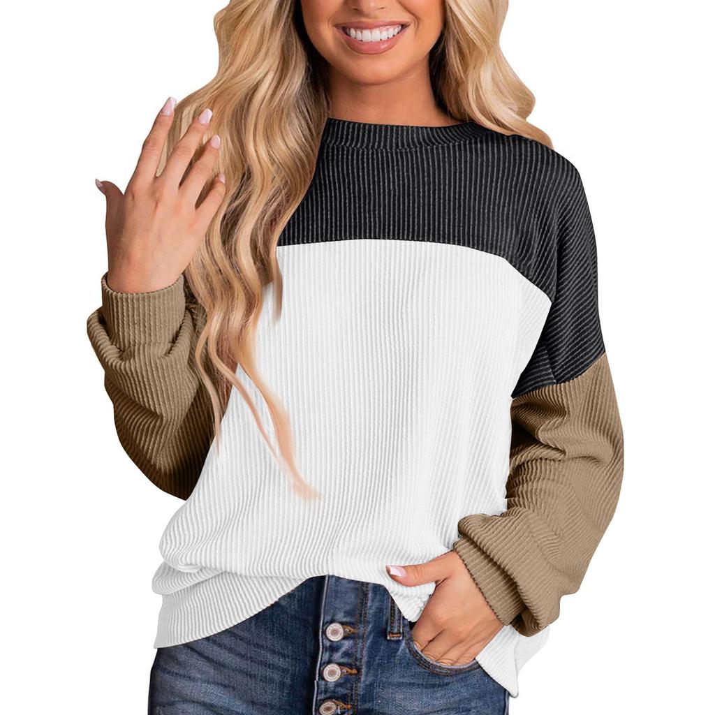 Women's Round Neck Long Sleeve Casual Style Loose Flesh Covering Sweatshirt Color Matching Long Sleeve Top