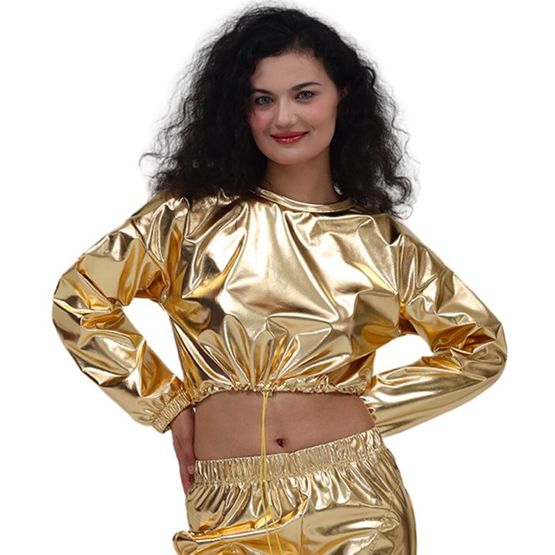 Damen Glänzende Metallic Sweatshirts Langarm Crop Top Lässiger Pullover Hip Hop Shirts für Nachtclub Tanzbekleidung