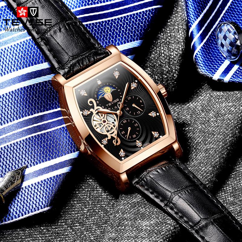 Fashion Top Brand Men's Mechanical Watch Tevise 8383c Business Waterproof Automatic Carved Hollow Window Moon Phase Zircon