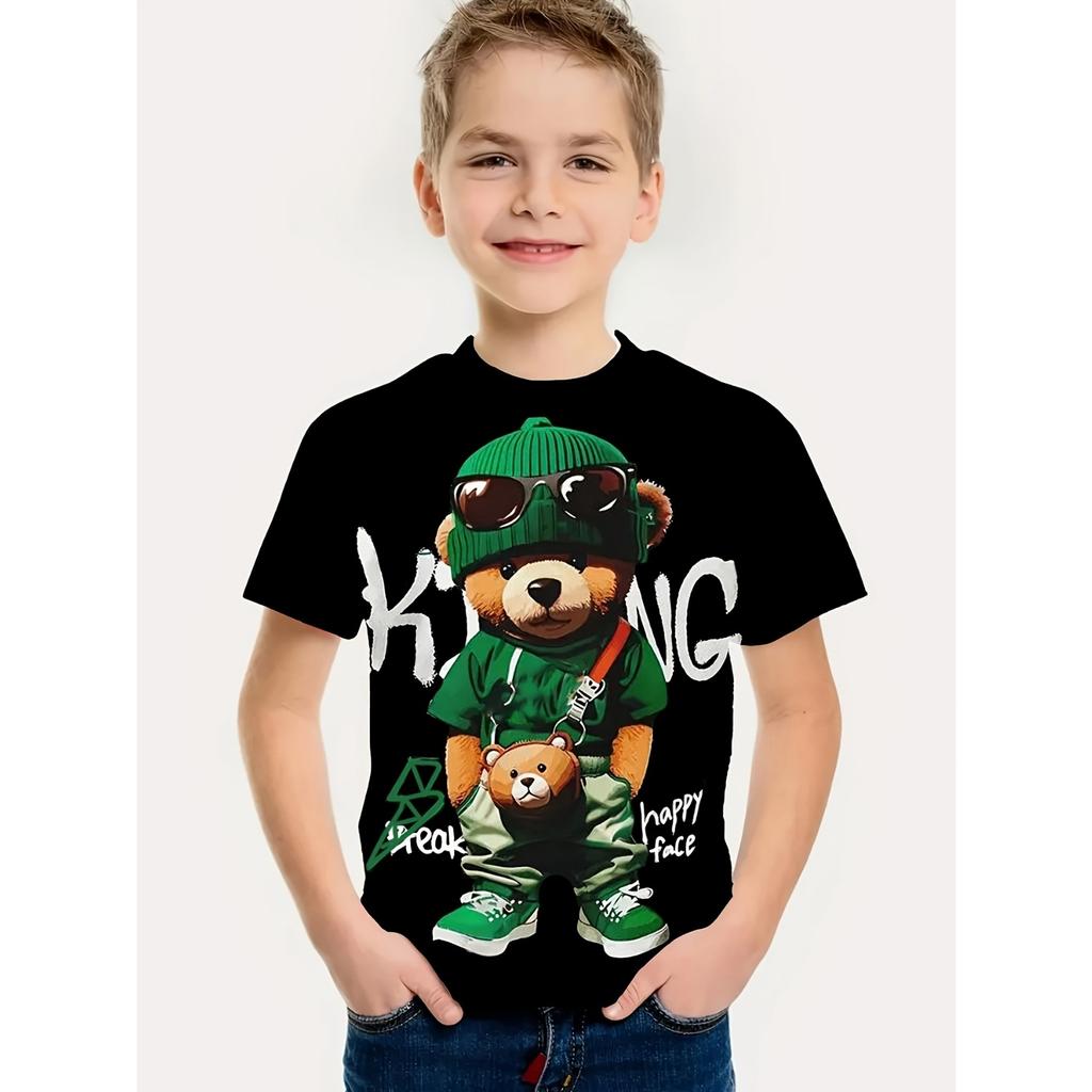Children's 3D Short Sleeve Cool Bear Print Summer Clothing Boys T-Shirt Casual Fashion Round Neck Kids Top
