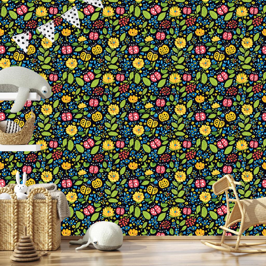 Ladybugs Wallpaper Navy Blue and Yellow for Living Room and Bedroom 50x1000