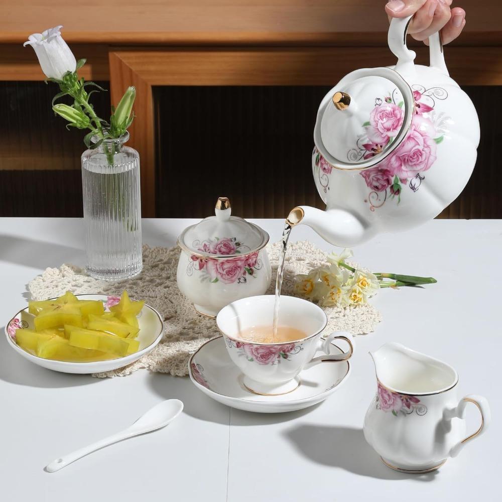 Vintage Floral Embossed Gold Teapot Cup and Saucer Set, Tea Service for 6 People, Including Teapot, Sugar Bowl, Milk Jug