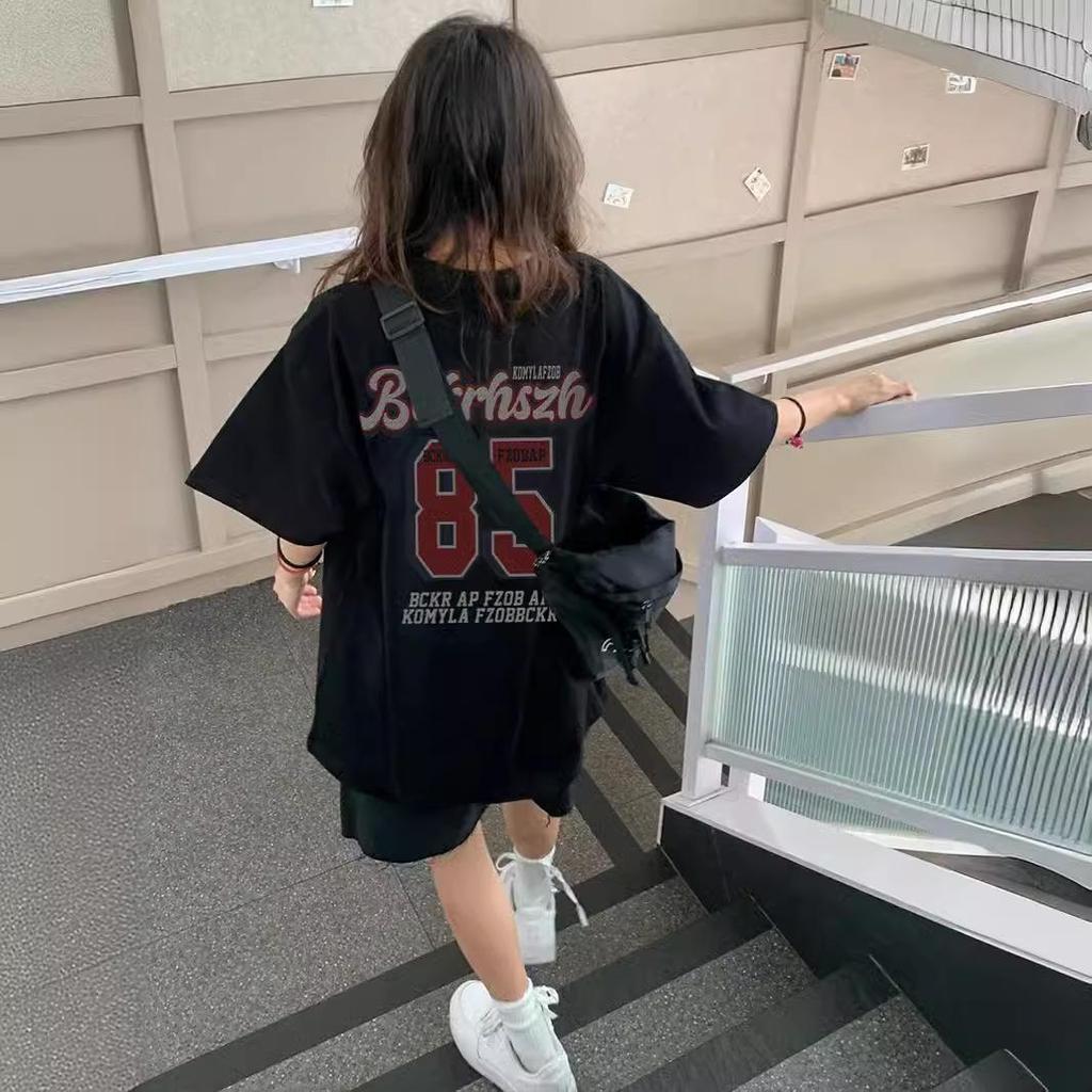 Damen American Retro Baumwolle Schwarz Hip-Hop Locker geschnittenes T-Shirt, Kurzarm, Übergröße, Trendiger Sommerstil