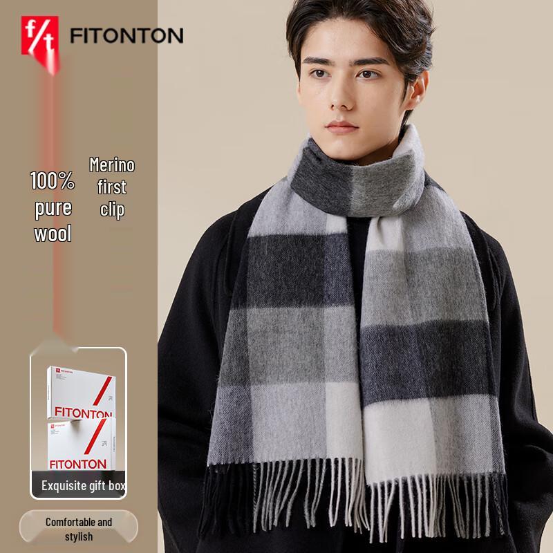 FitonTon Men's 100% Wool Plaid Scarf