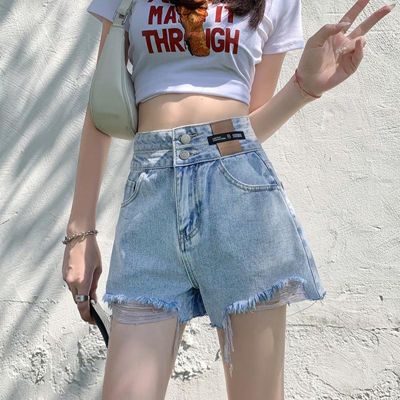

2023 Women s Korean-Style High-Waist Denim Shorts: A-line, Slimming, Wide-Leg, Frayed Hem L светло-синий