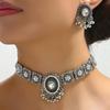 Vintage Geometric Silver Necklace Earring Set For Women With Glittering Crystals Spring
