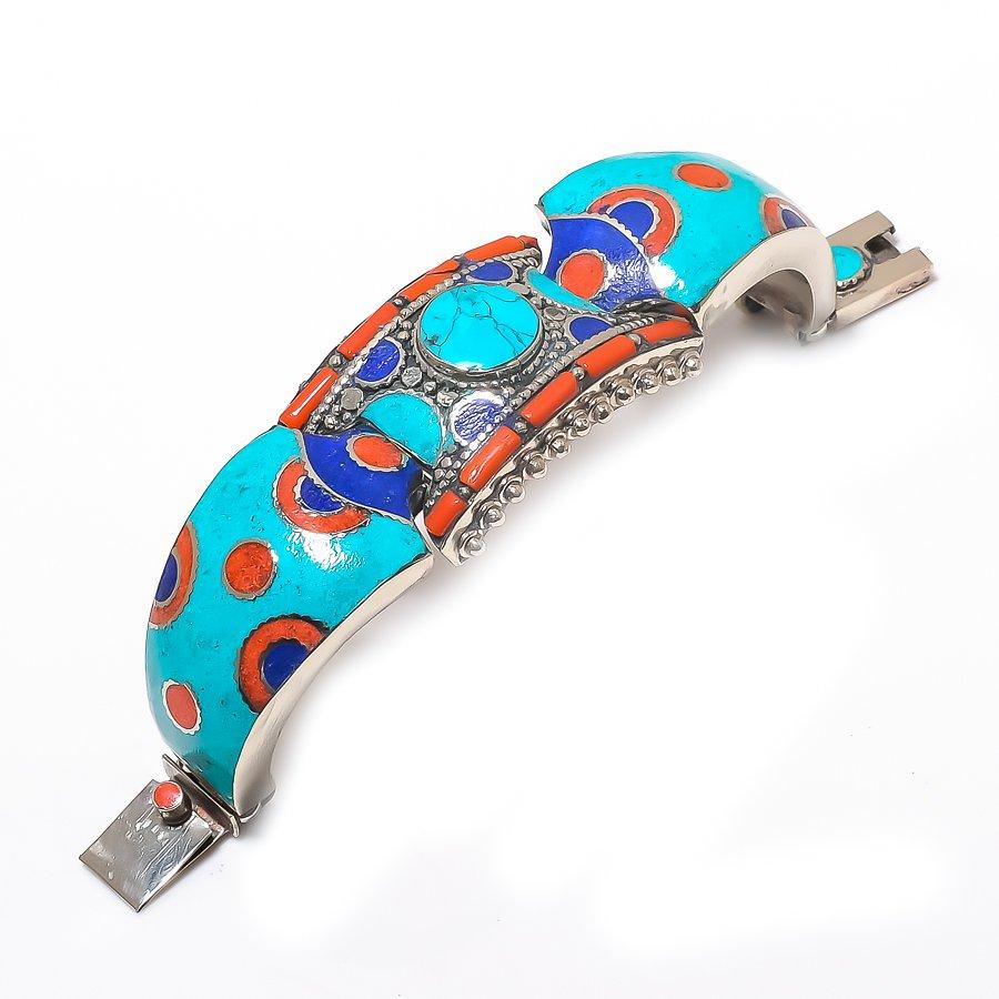 

Натуральный тибетский драгоценный камень бирюза, стерлинговое серебро 925 пробы, браслет-манжета, регулируемый. А9Р06