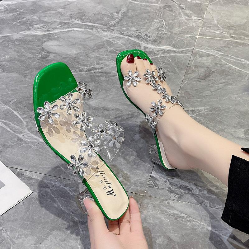 Rhinestone flower high heels 2025 summer skin tone thick heel crystal shoes Internet celebrity one font transparent high heel slippers women