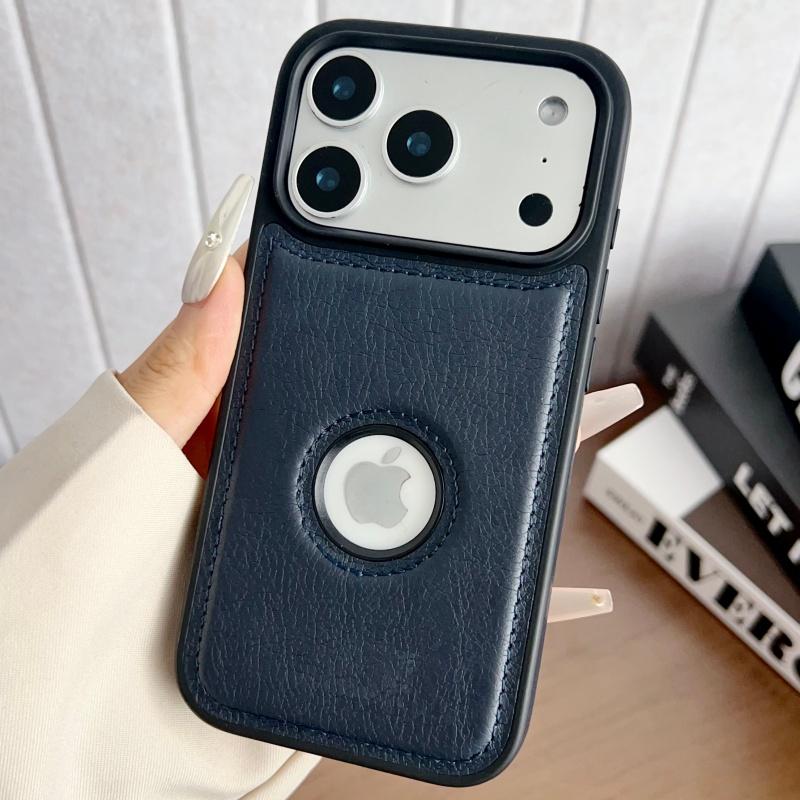 Luxury Leather Hollow Logo Case for iPhone 17 Air 16 15 14 13 12 11 Pro Max 17Promax Business Hard Shockproof Armor Funda Cover
