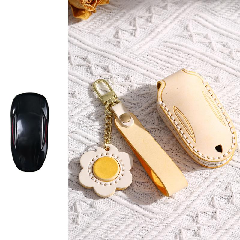 Genuine Leather Auto Key Fob Remote Cover Case Key Ring Auto Accessories Fit For Tesla Model 3 X S Y Model3 Models Modely Modelx