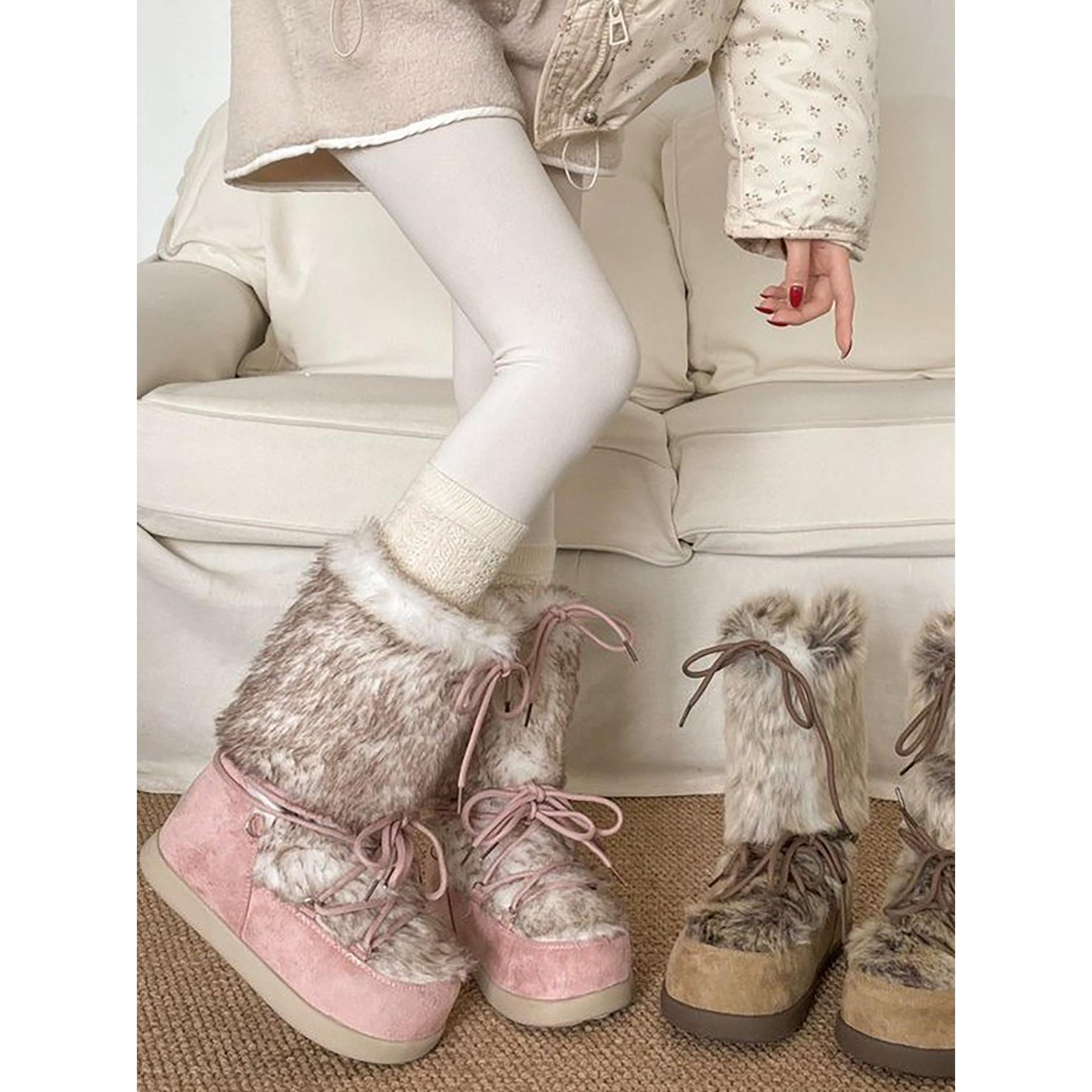 

Retro pink plush thick-soled fluffy snow boots for winter warmth and Northeast cotton shoes 40 сірий колір