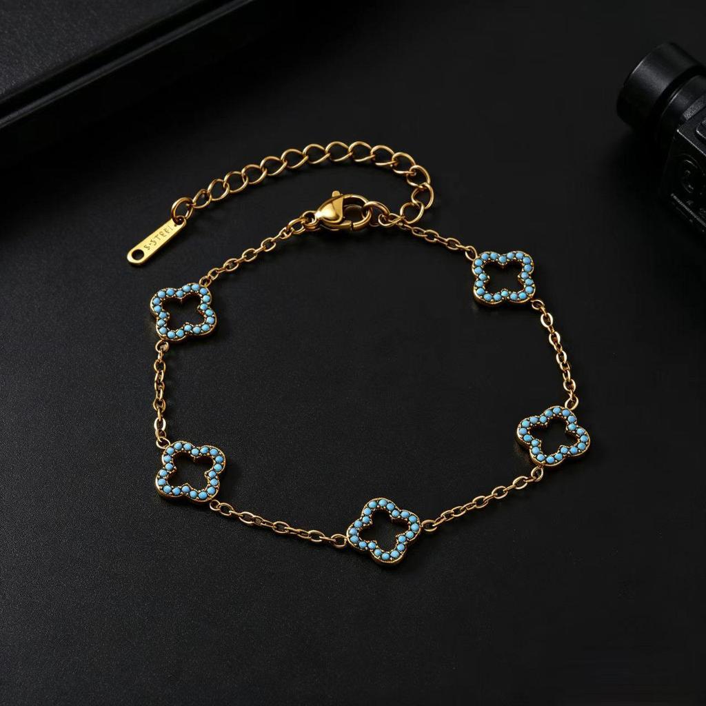 Luxurious Diamond Clover Titanium Steel Bracelet with 18K Gold Zirconia for Women