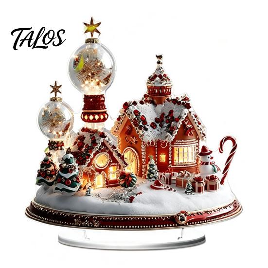 Winter Themed Decorative Art Christmas Acrylic Ornament, 2D Flat Snowy Cottage Ornament with Base, Small for Desk Display Santa Snowman Table