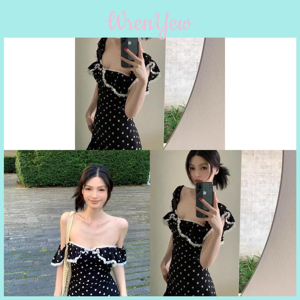Summer Elegant Black Polka Dot A Line Dress With Short Sleeves For Women