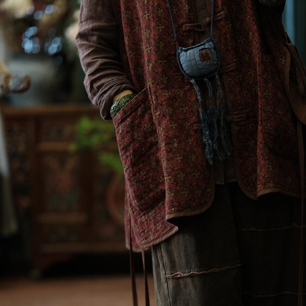 Johnature Women Vintage Print Floral Vests Coats Button Sleeveless V-Neck Autumn Chinese Style Pockets Vests