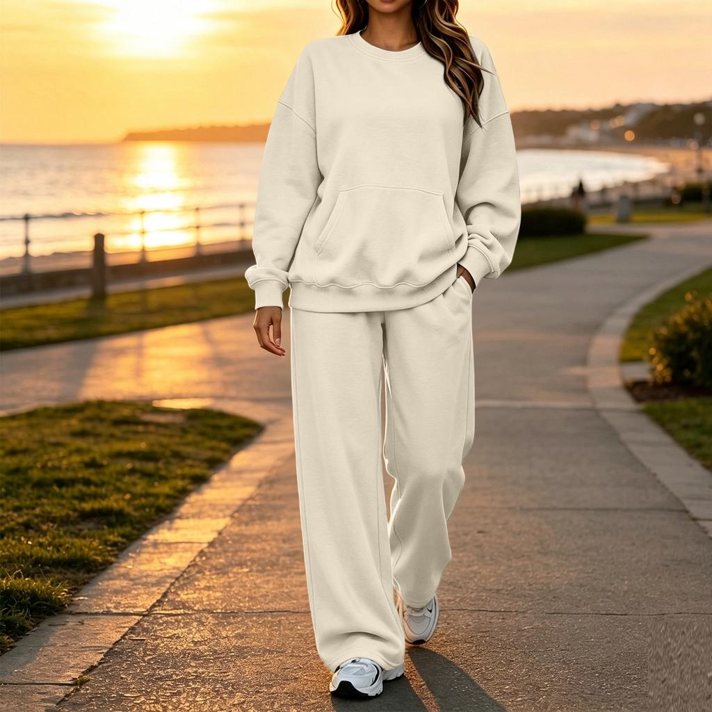 Women's Casual Neck Sweatshirt and Pants Set with Pockets, Comfortable Outfit for Fall Winter