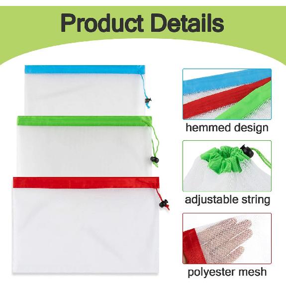 MAQIHAN 12PCS Reble Produce Bags - Mesh Produce Bags Drawstring Reble Washable Vegetable Storage Bags Refrigerator Keep Fresh Grocery Food Fruits