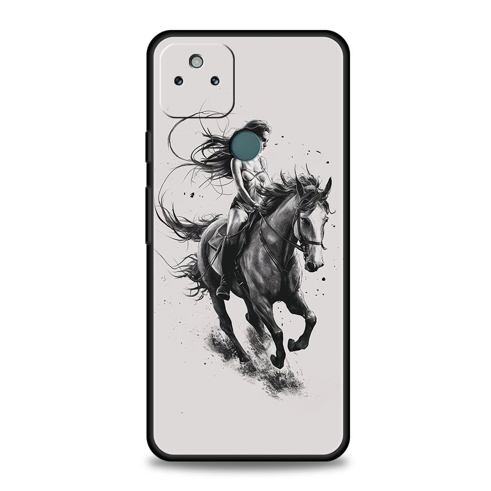 Phone Case Cover for Google Pixel 10 9 8 7 6 7A 6A Pro Shockproof Soft TPU 10 9 Pro XL Shell Animal Galloping Horse Girl Drawing