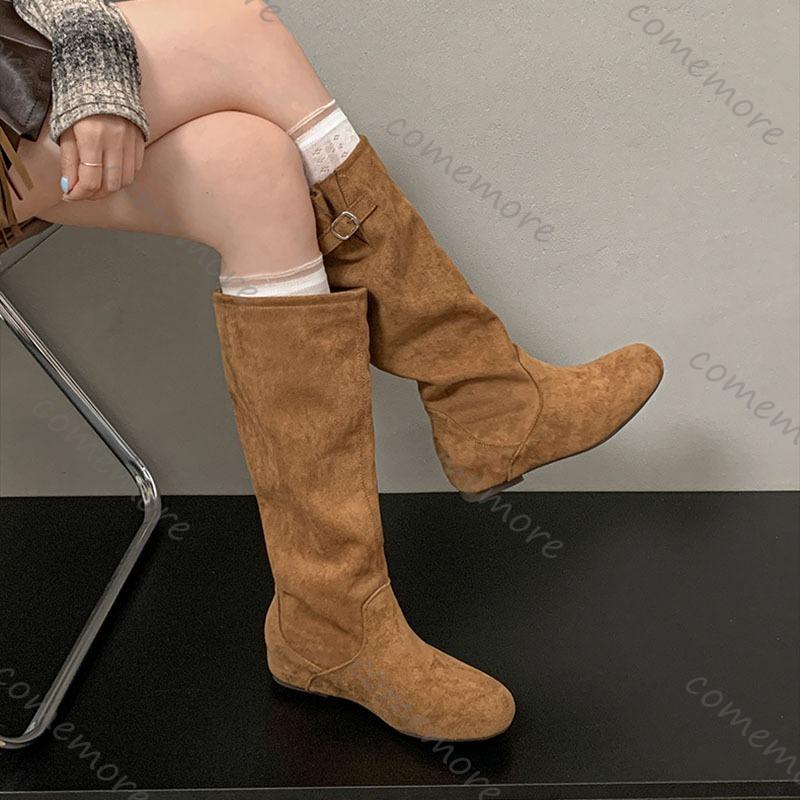 Comemore Khaki Retro Women's Long Boots Autumn Suede Solid Flat Bottom Ladies Shoes Belt Buckle Round Toe Knee High Knight Botas