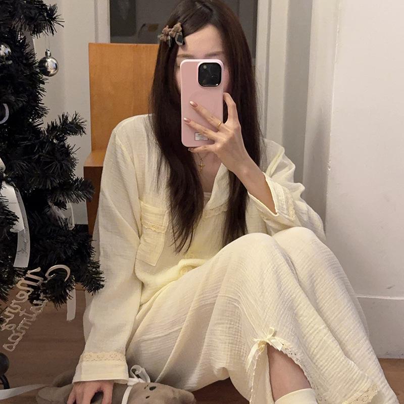 Korean Style Lace Trim Sweet Women's Lapel Pajamas - Casual & Comfortable Home Wear