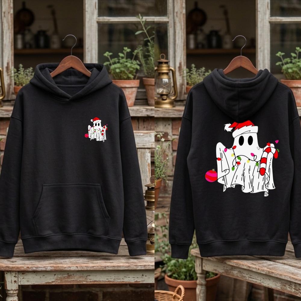 Funny Christmas Ghost Sweatshirt String Lights Candy Cane Graphic Long Sleeves Pullover Spooky Holiday Xmas Tops Women