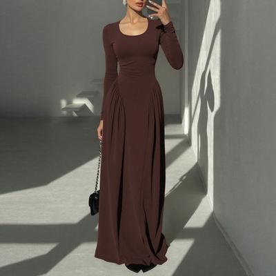 European and American Style Autumn New Solid Color French Elegant Long-sleeved U-neck Waist Pendulum Dress