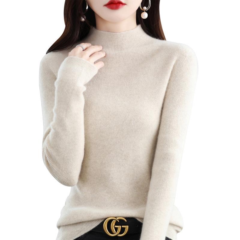 Women's Pure Wool Long Sleeve Pullover Sweater with Half-High Neck - Solid Color, Base Layer for Autumn and Winter