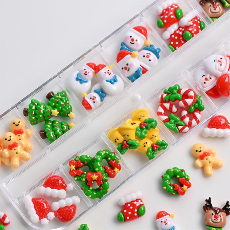 12 Kratek 36/60 Sztuk Kawaii Mini Bałwan Choinka Charmsy do Paznokci 3D Renifer Święty Mikołaj Rhinestonesy do Paznokci Żywiczne Boże Narodzenie Klejnoty do Paznokci