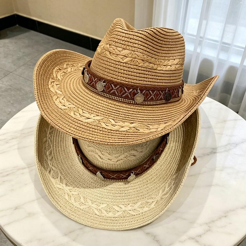 Ethnic Style Western Cowboy Hat Women's Summer Western Sichuan Travel Straw Weaving Big Eaves Sunshade Panama Straw Hat Mountaineering Hat