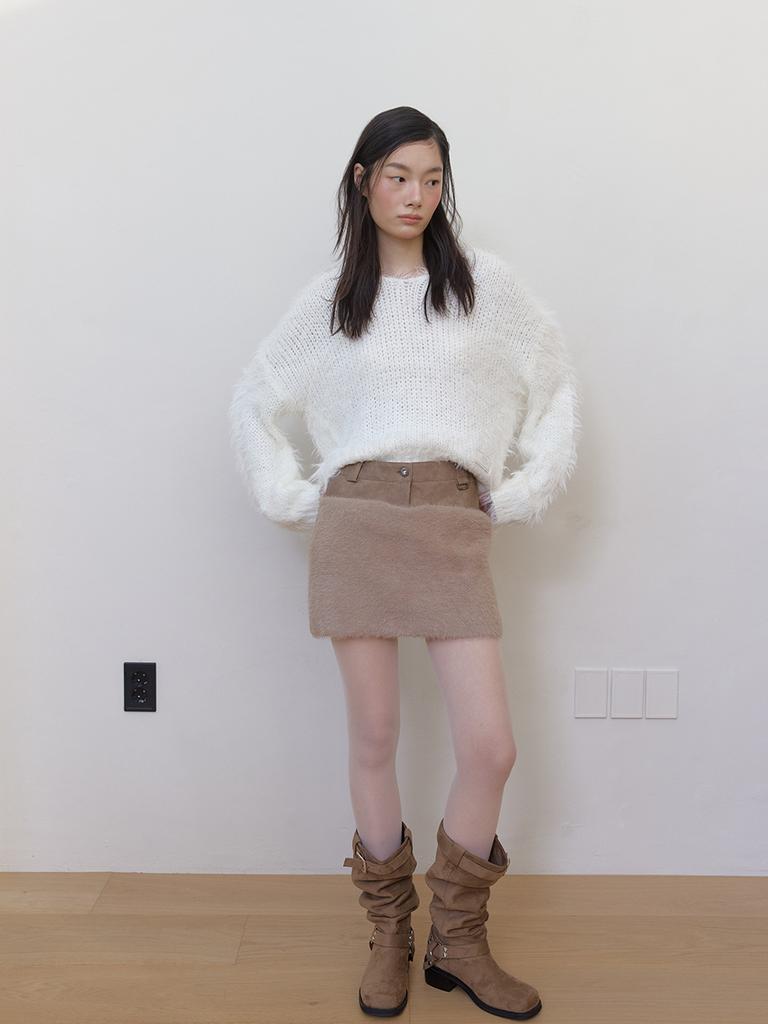 Asula Leather Fur Mix Skirt (Brown)