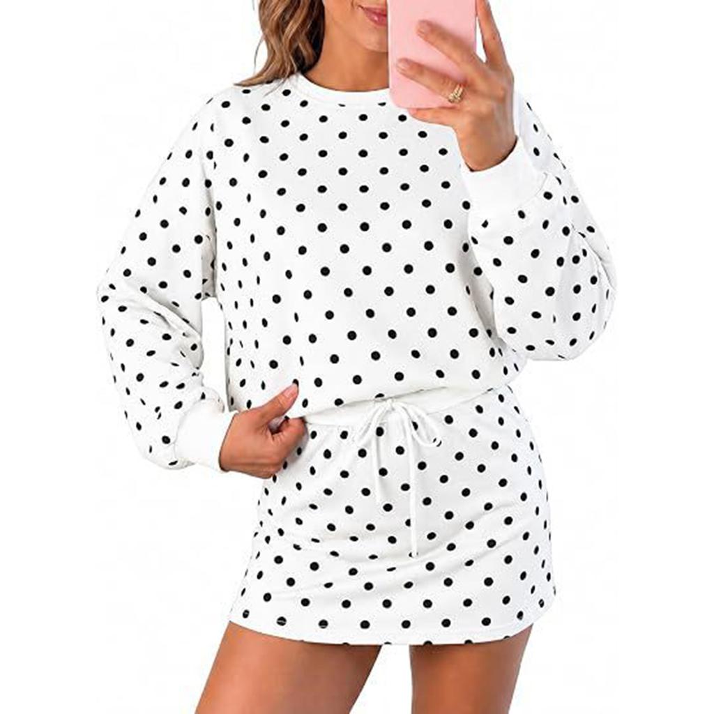 Women's Casual Two-Piece Set with Polka Dot Long Sleeve Pullover and Skirt for Everyday Wear