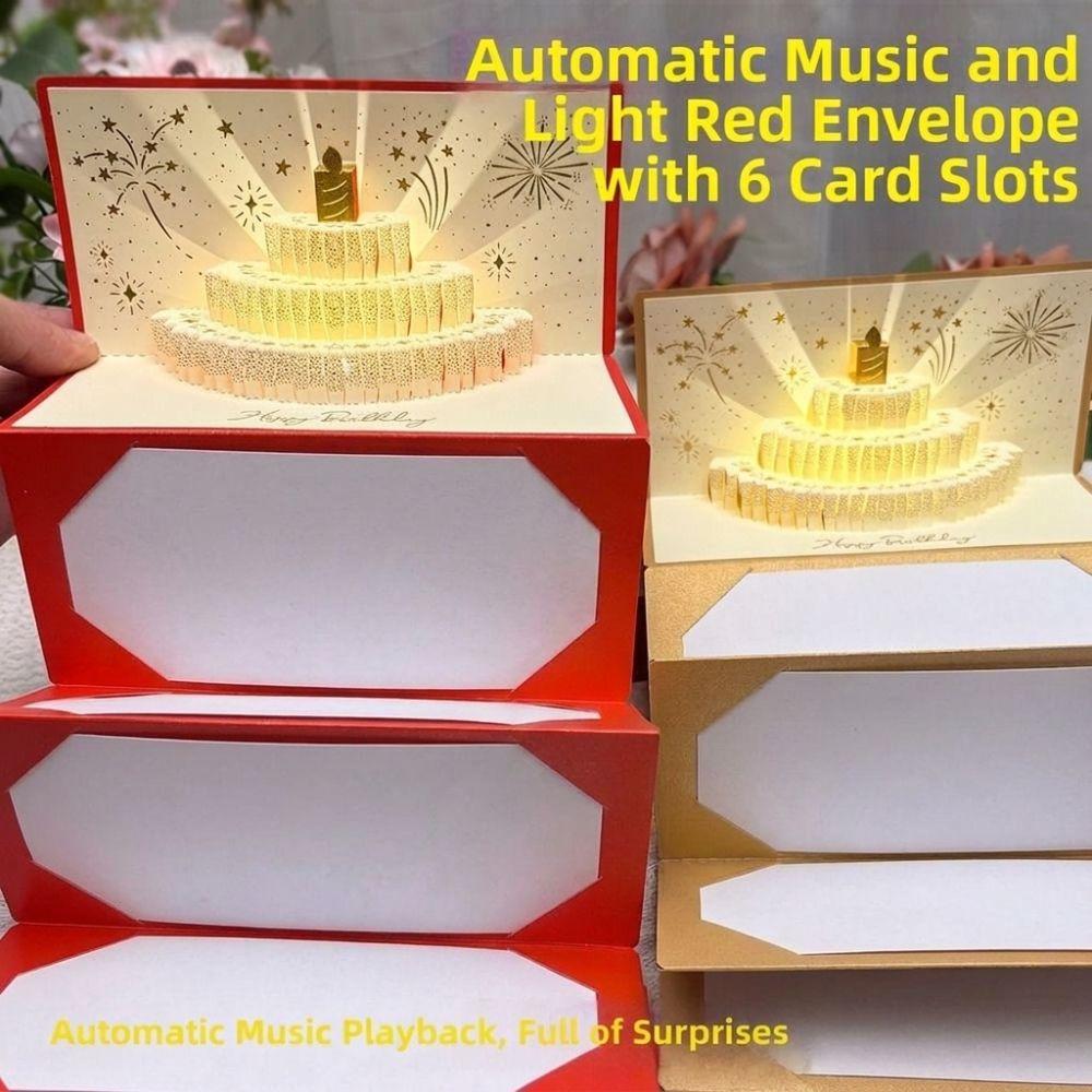 Folding 3D Pop-Up Cake Greeting Card Illuminated Musical Light Gift Card Blessing Message