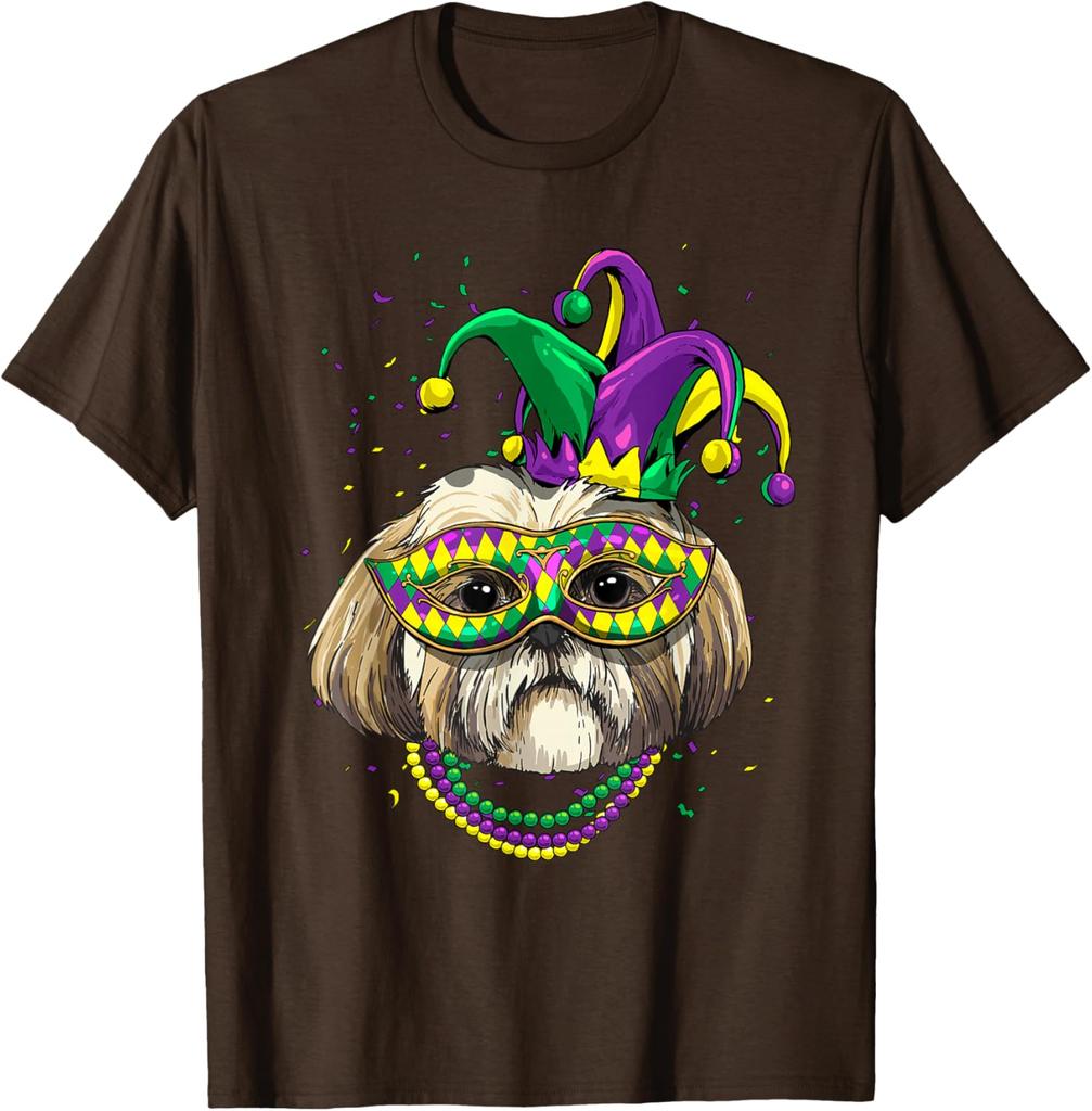 Shih Tzu Mardi Gras  Dog Graphic Tee Breathable Cotton Casual T-Shirt for Dog Lovers