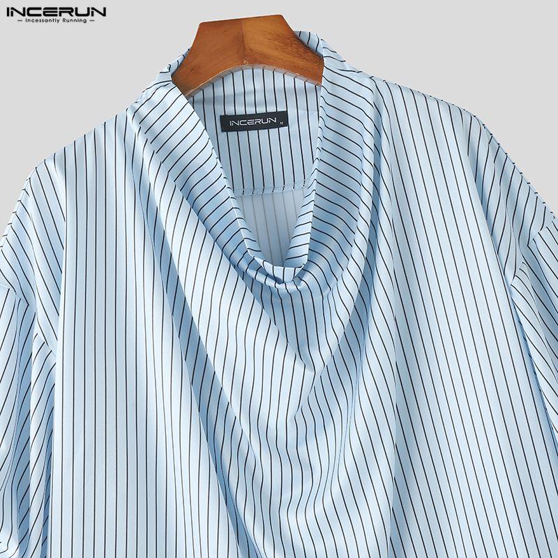 INCERUN Oversized Men Swing Collar Half Sleeve Striped Casual Loose Shirts