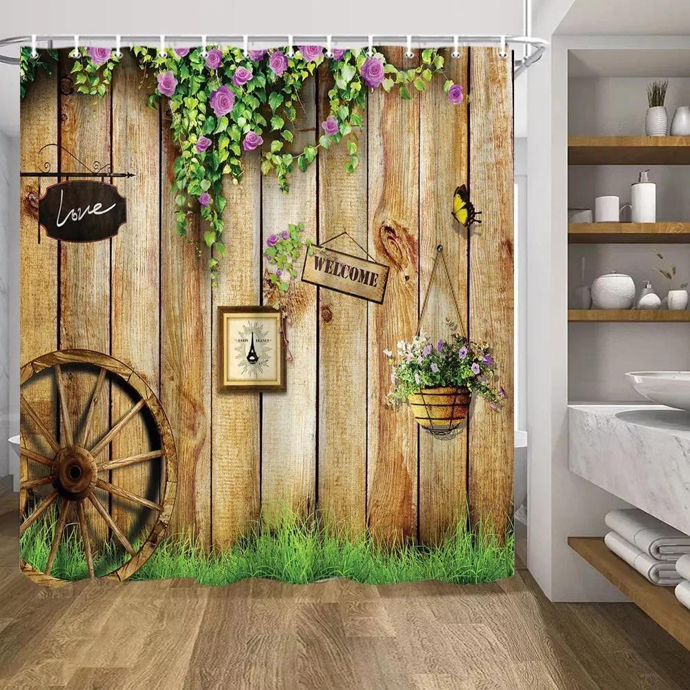 

Retro Wood Doors Shower Curtain Set Rustic Old Vintage Barn Door Fabric Bathroom Curtains Farmhouse Bath Decor Bath Screens Hook W60H190(CM)-1 Pcs