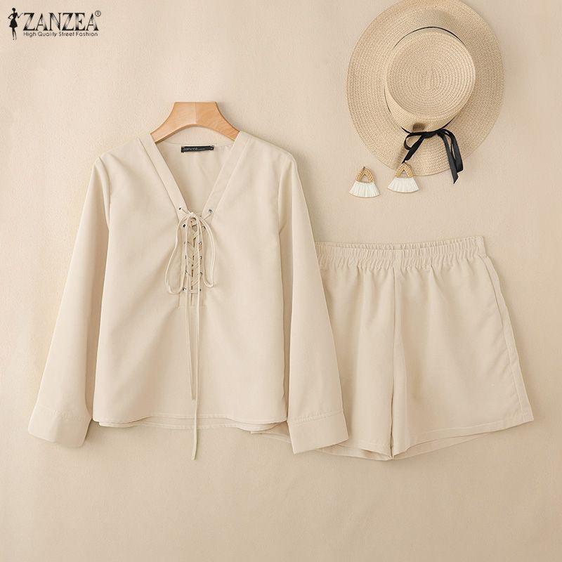 ZANZEA Zweiteiliges Sommer-Set aus langärmeliger Bluse und Shorts für Damen