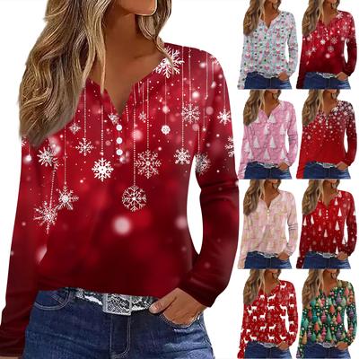 Women's T Shirt Tee Christmas Print Button Long Sleeve Daily Weekend Fashion Basic V- Neck Regular Top