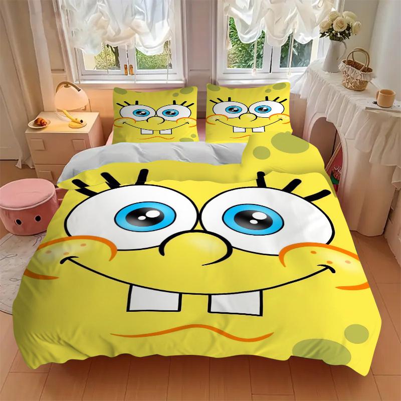 3pcs Minimalist SpongeBob Design Quilt Set - Soft and Comfortable Bedroom, Guest Room and Dorm Decor Bedding Set 1 Quilt Cover + 2 Pillowcases.F041
