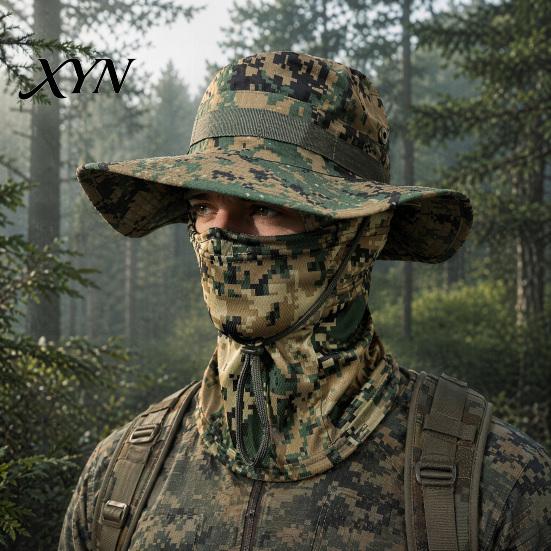 Quick-drying Hat Camouflage Sun with Balaclava Face Mask, UV Protection Men Wide Brim Hat, Breathable Bucket for Outdoor Fishing Hiking Cycling