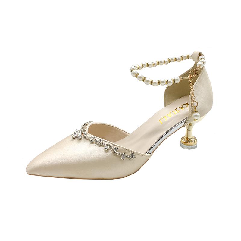 Brand Design Pearl Chain Ankle Strap Pumps Women 2025 Summer Sexy Pointed Toe High Heel Dress Shoes Luxury Glitter Wedding Pumps