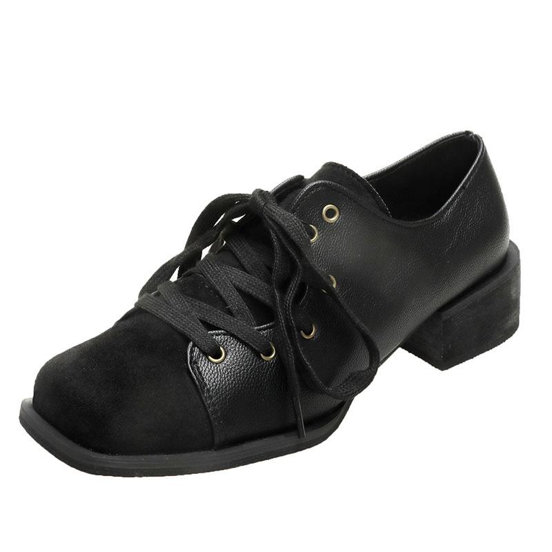 

Весна и Осень 2025 Новые Нишевые Ретро Туфли-лодочки на Среднем Каблуке из Маленькой Кожи в Корейском Стиле на Шнуровке с Квадратным Носком Модная Женская Обувь 35 чёрный