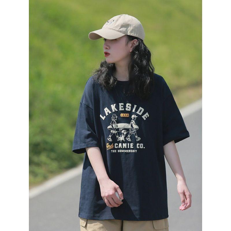 

Plus-Size Unisex Style Short-Sleeve Women s Summer American Street Fashion Brand Loose Sports Casual Couple T-Shirt Navy blue XXL [Recommended 130-145]